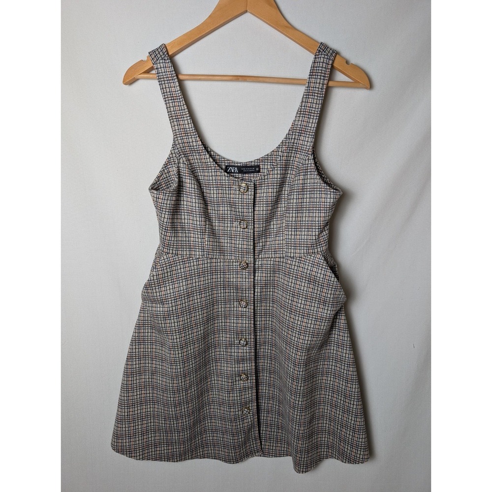 Zara Plaid Button Down Tank Dress School Girl Academia Pockets Sz M